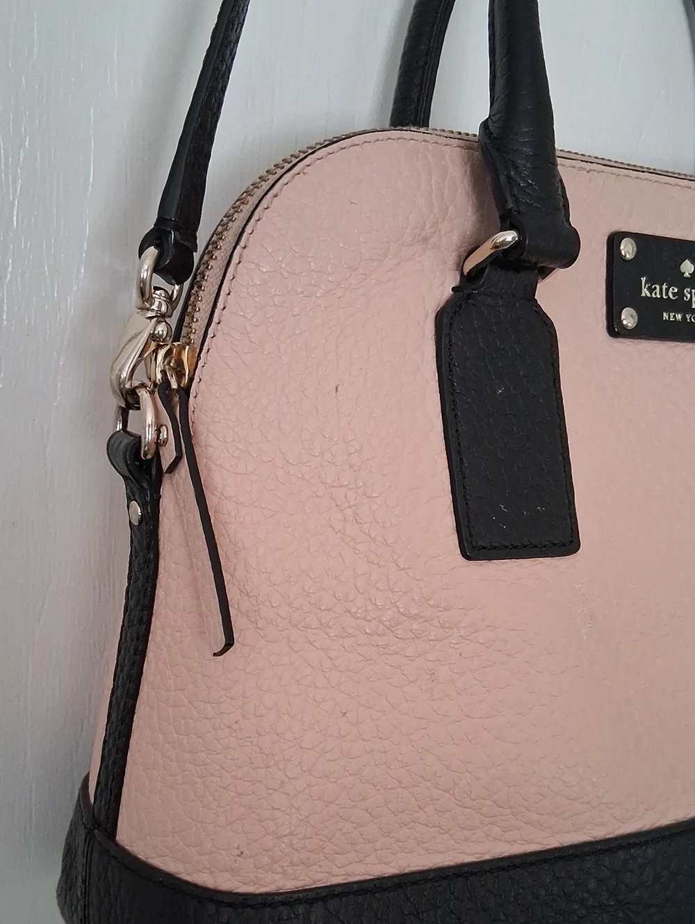 Kate Spade Pink & Black Pebbled Leather Convertible Satchel Xbody Zip Top Bag